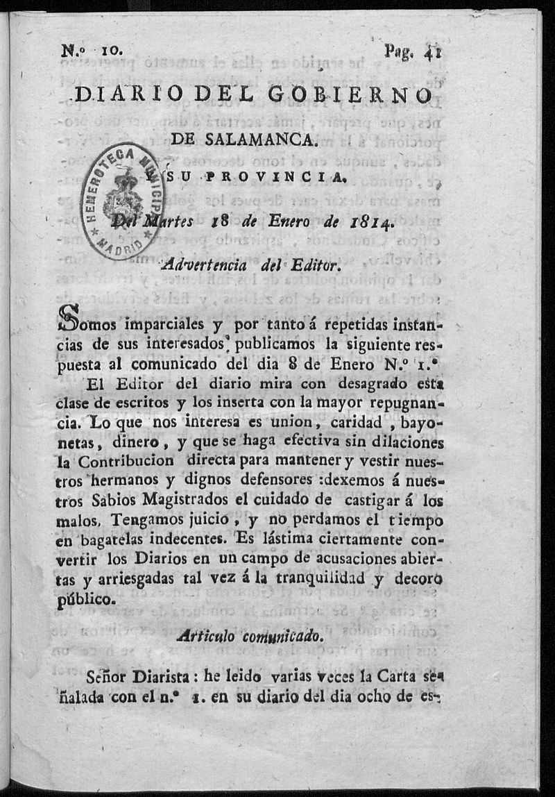Diario del gobierno de Salamanca del martes 18 de enero de 1814 