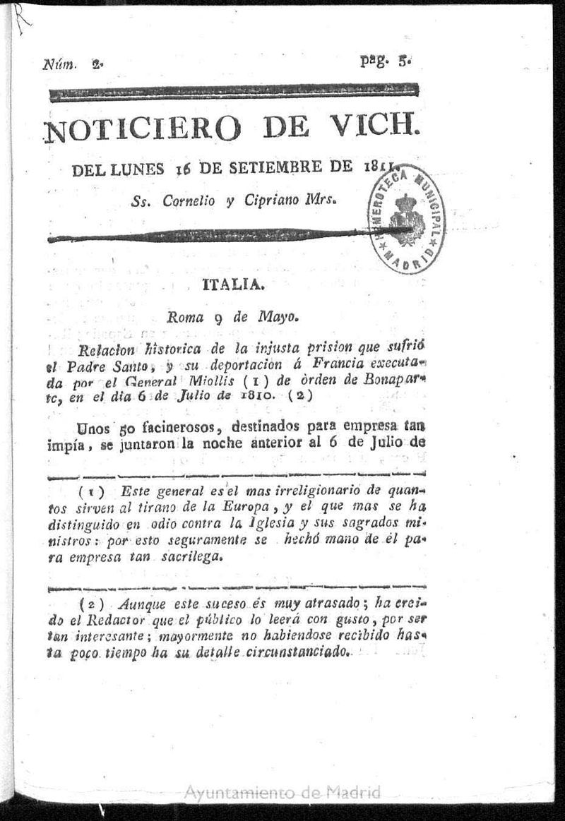 Noticiero de Vich del lunes 16 de septiembre de 1811