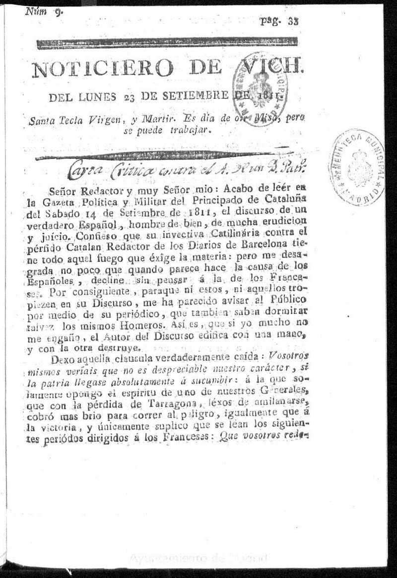 Noticiero de Vich del lunes 23 de septiembre de 1811