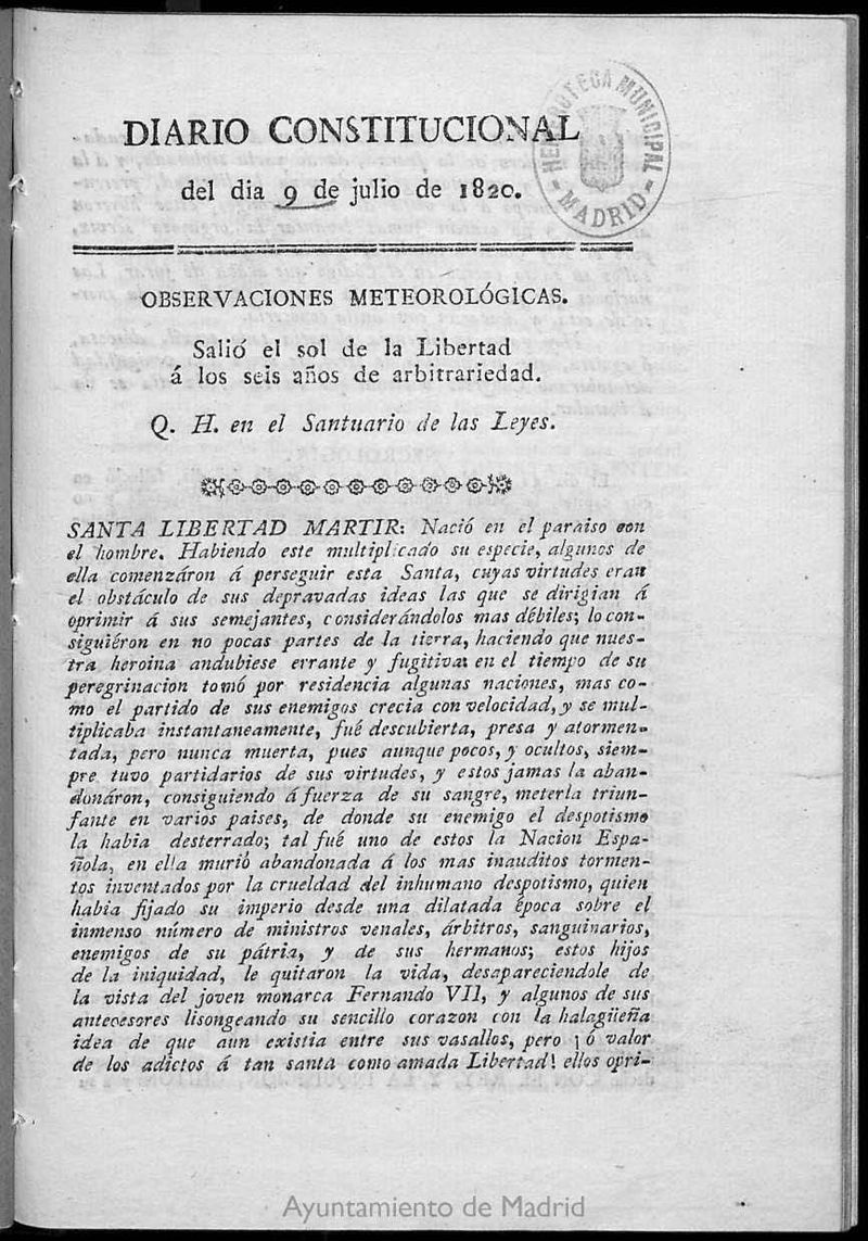 Diario Constitucional del 9 de julio de 1820