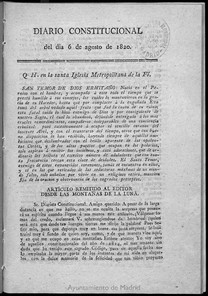 Diario Constitucional del 6 de agosto de 1820