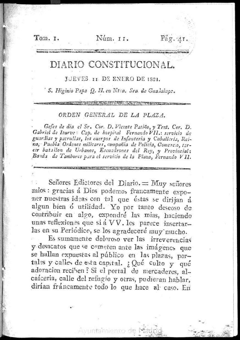 Diario Constitucional del 11 de enero de 1821