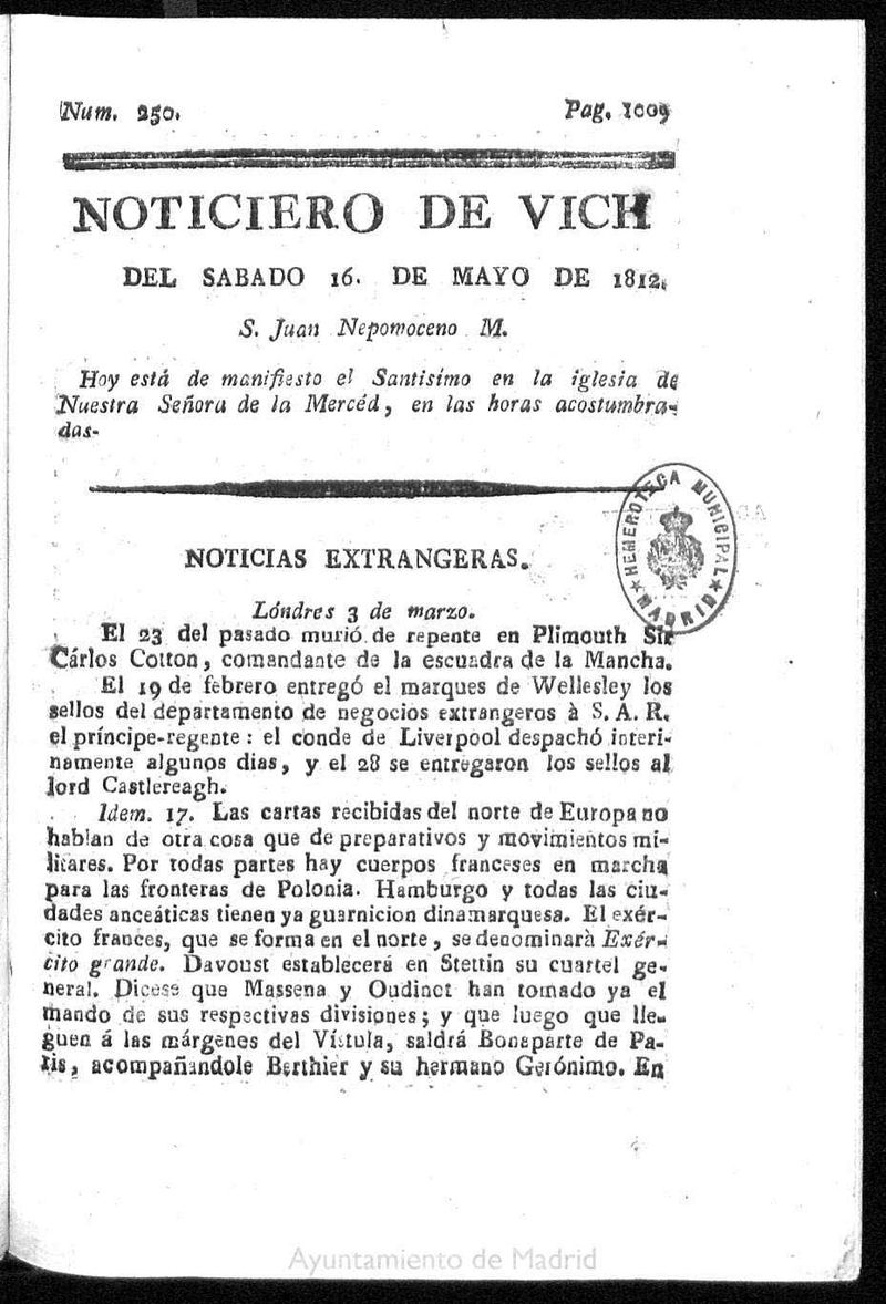 Noticiero de Vich del sbado 16 de mayo de 1812