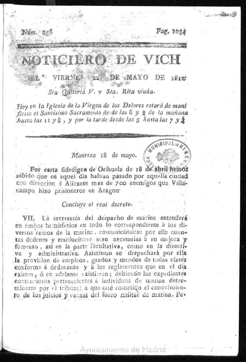 Noticiero de Vich del viernes 22 de mayo de 1812