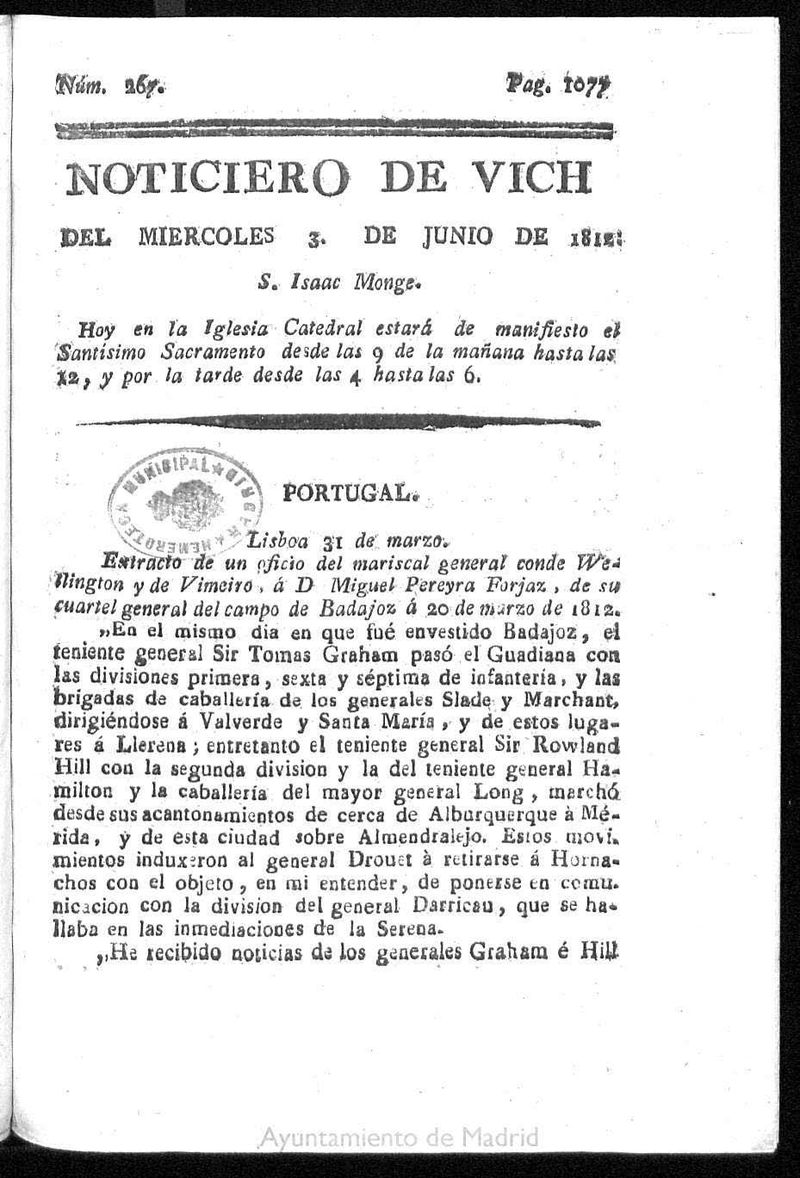Noticiero de Vich del mircoles 3 de junio de 1812