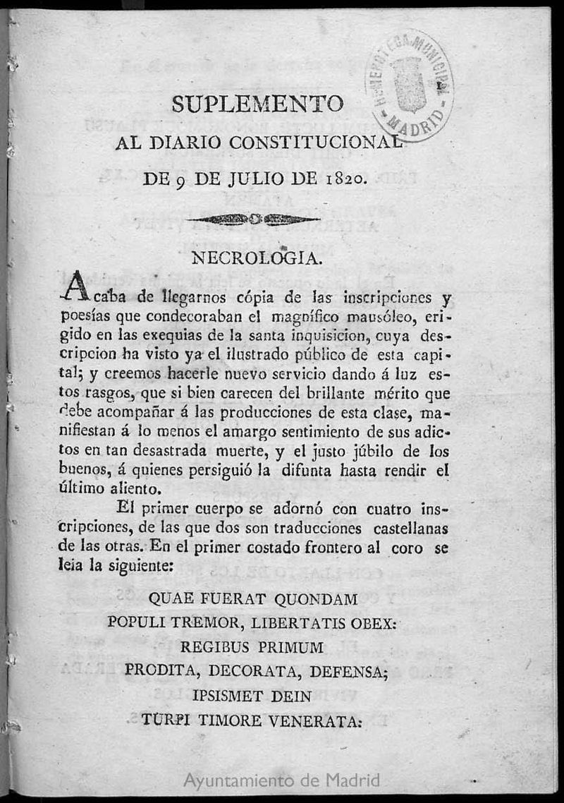 Suplemento al Diario Constitucional del 9 de julio de 1820