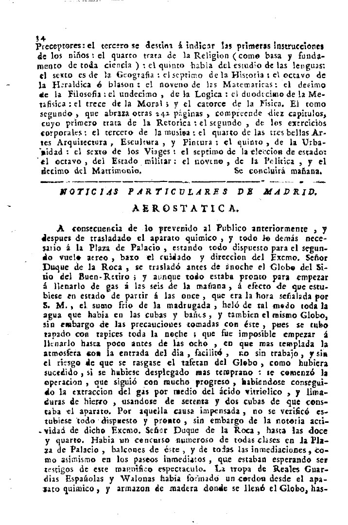 Crónica de la ascensión en globo de Vicente Lunardi del 8 de enero de 1793
