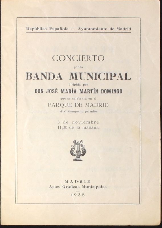 Programa oficial de concierto de la Banda Municipal de Madrid. Parque de Madrid 3 de noviembre de 1935