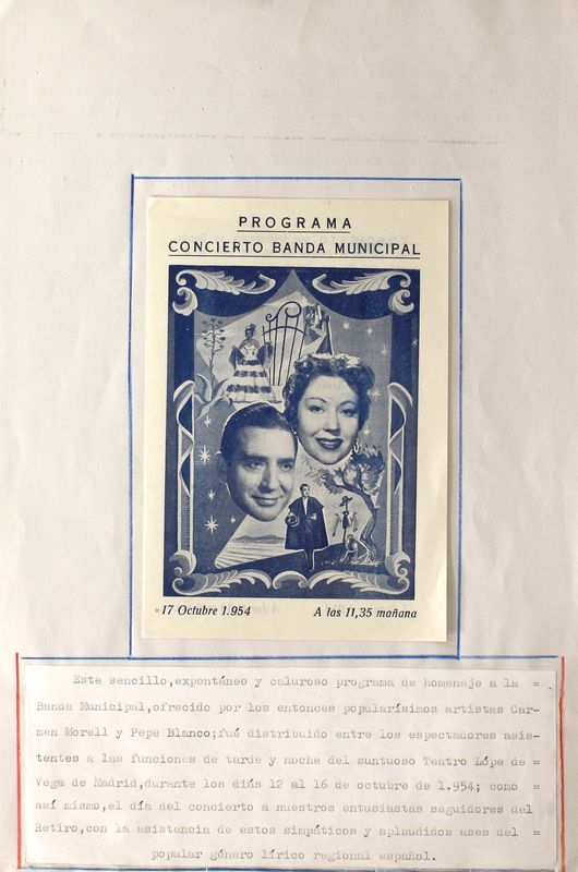 Programa oficial de concierto de la Banda Municipal de Madrid. Parque de Madrid 17 de octubre de 1954