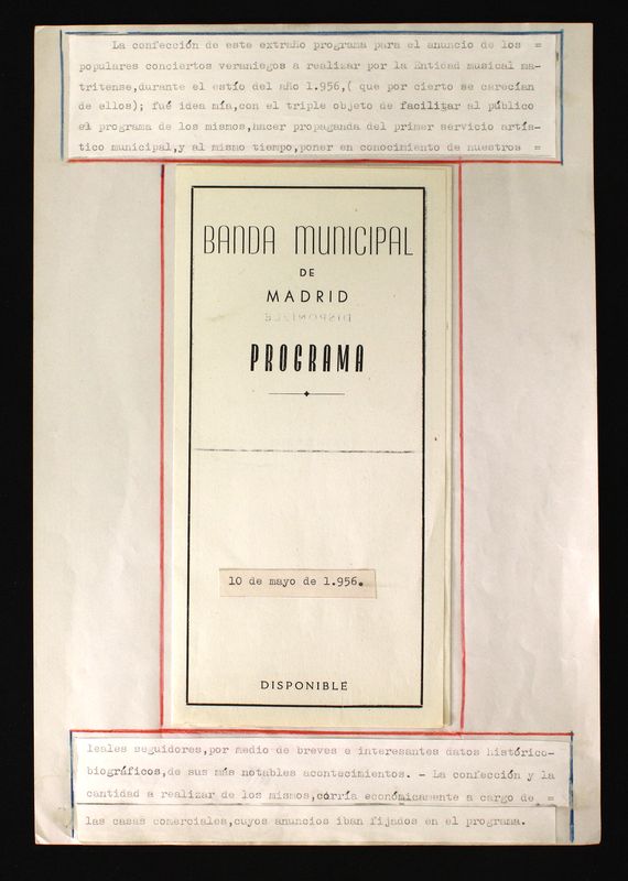 Programa oficial de concierto de la Banda Municipal de Madrid. Avenida del Generalísimo, 10 de mayo de 1956