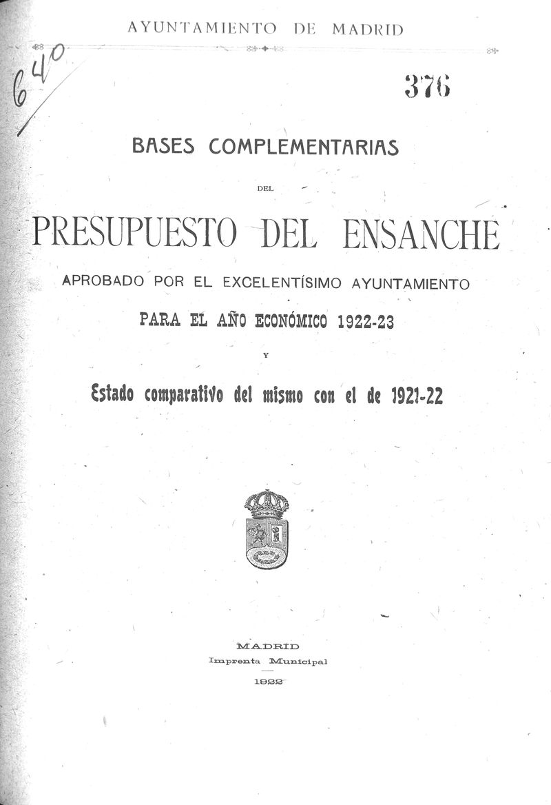 Presupuesto de ensanche para el ao econmico 1922-23 