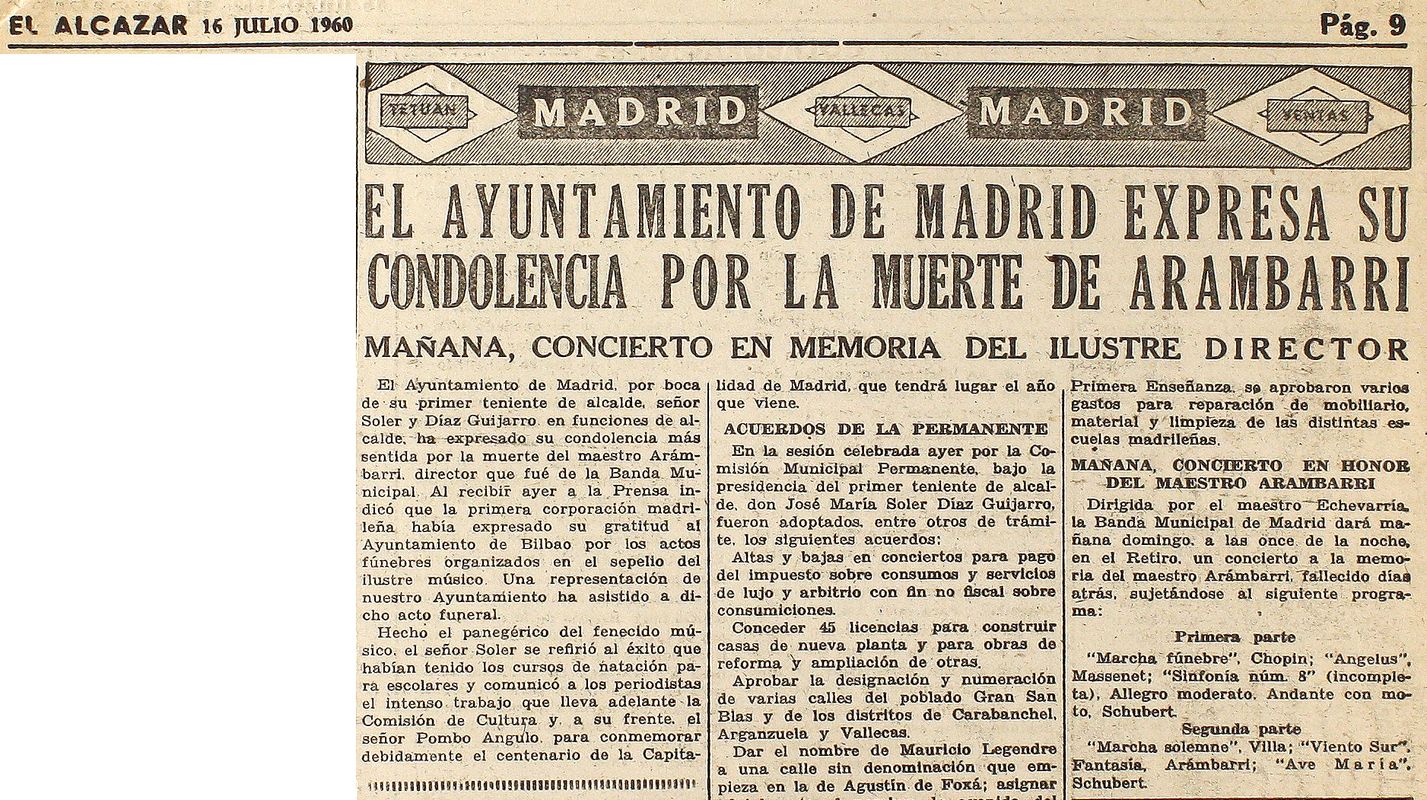 El Ayuntamiento de Madrid expresa su condolencia por la muerte de Arámbarri