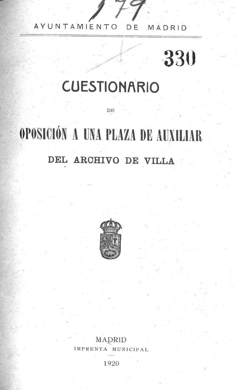 Cuestionario de oposición a una plaza de auxiliar del Archivo de Villa