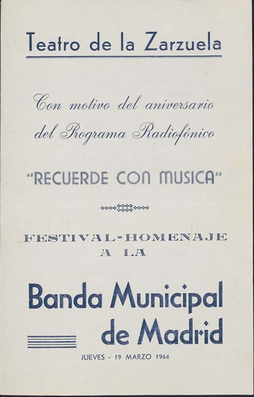 Programa del festival-homenaje a la Banda Municipal de Madrid el 19 de marzo de 1964
