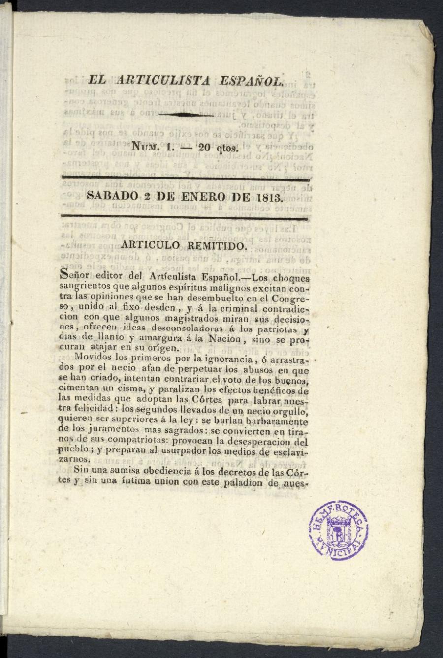 El Articulista Espaol, sbado 2 de enero de 1813
