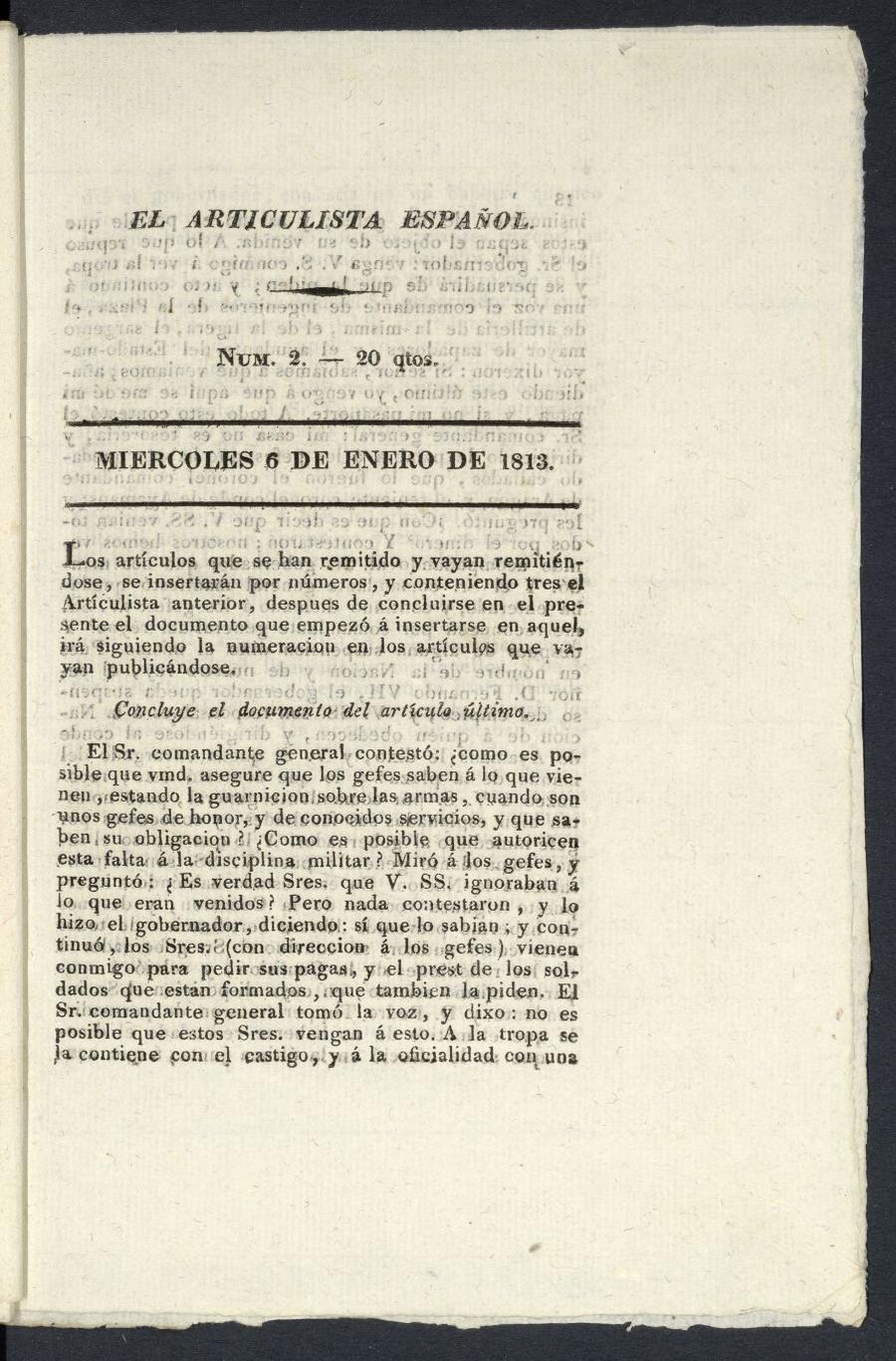El Articulista Espaol, mircoles 6 de enero de 1813