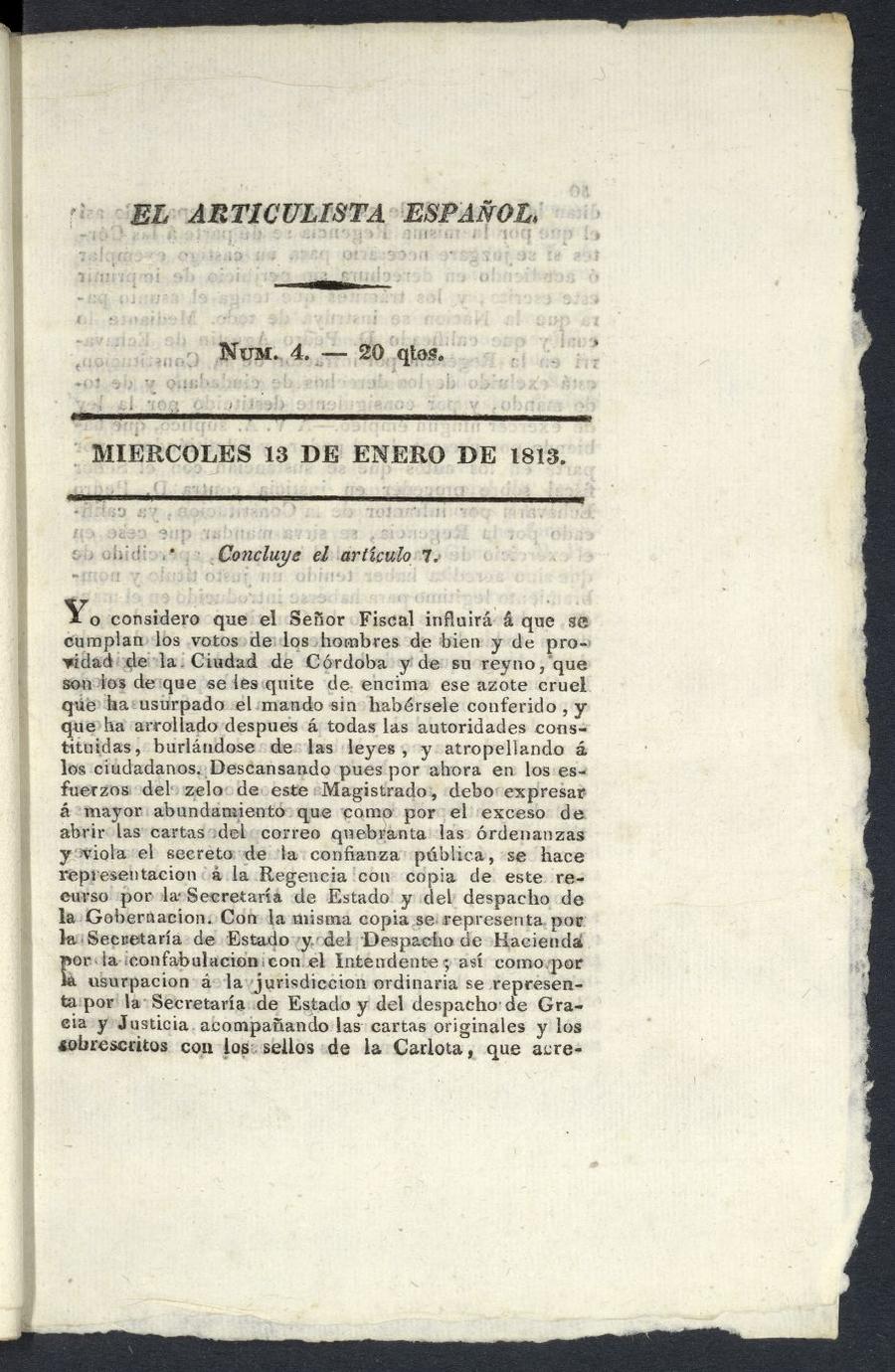 El Articulista Espaol, mircoles 13 de enero de 1813