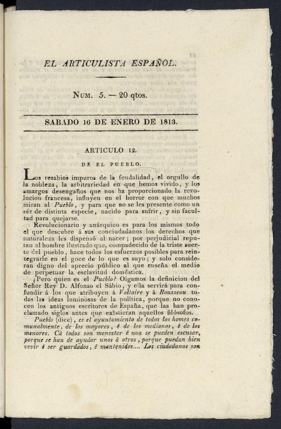 El Articulista Espaol, sbado 16 de enero de 1813