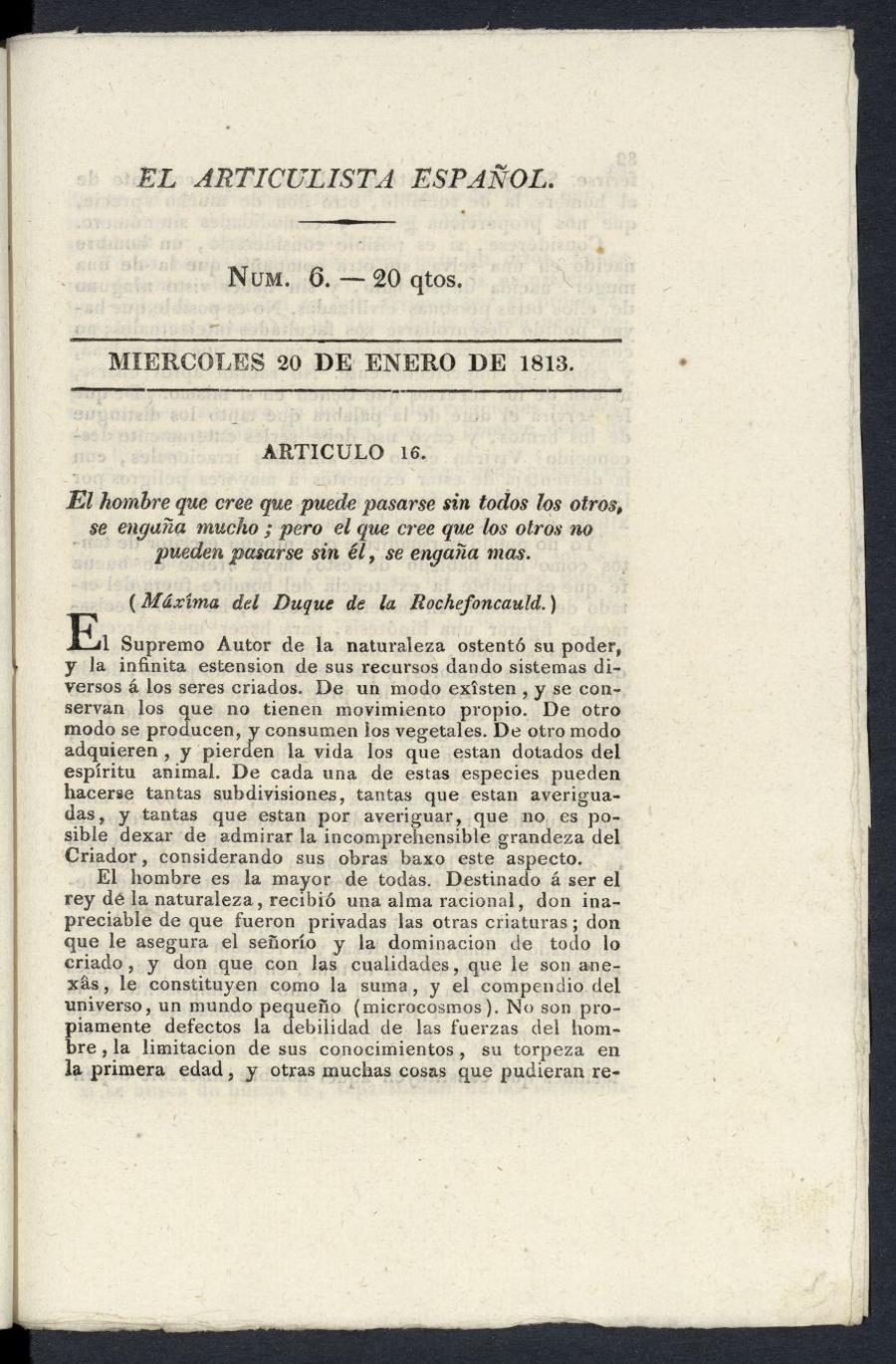 El Articulista Espaol, mircoles 20 de enero de 1813