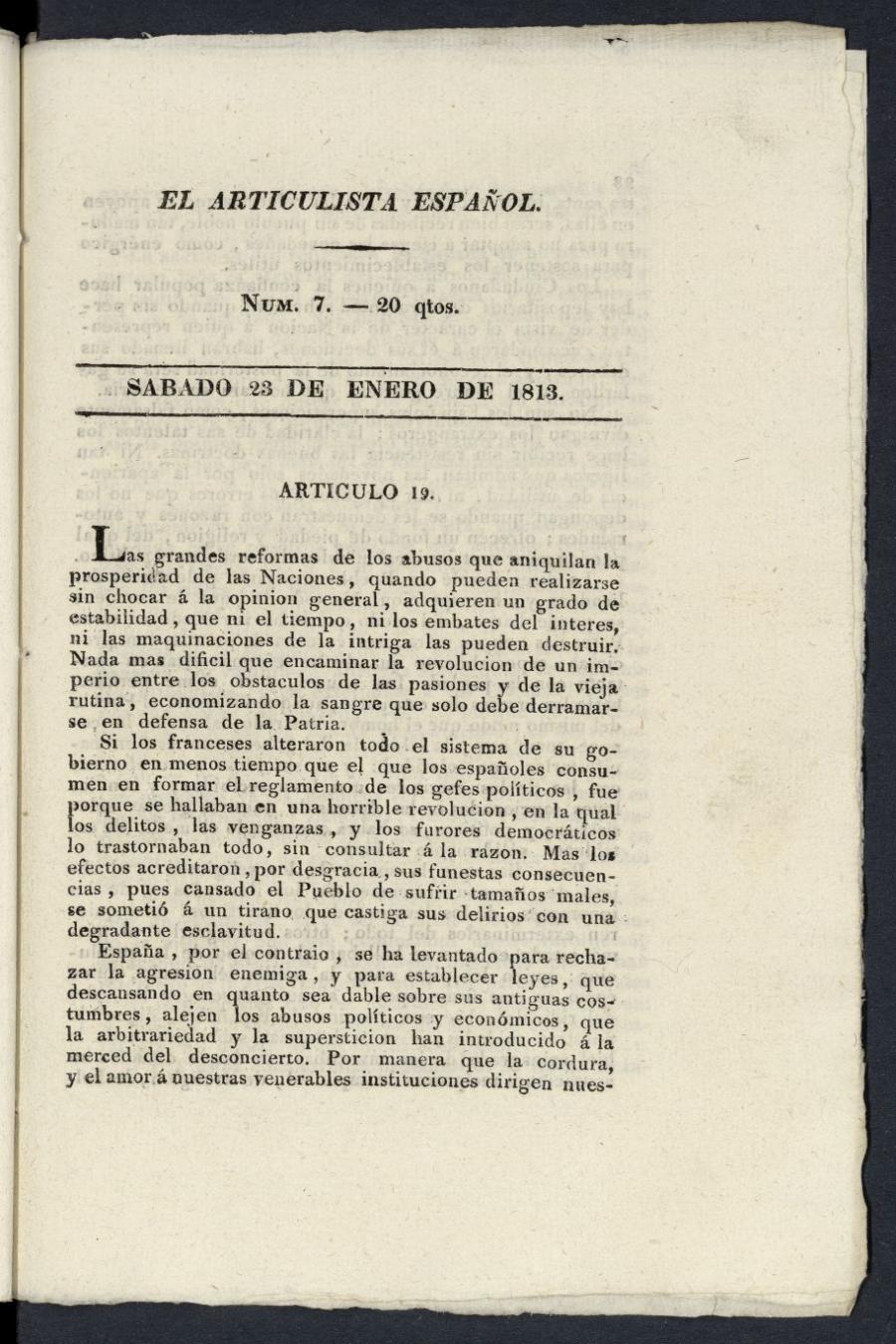 El Articulista Espaol, sbado 23 de enero de 1813