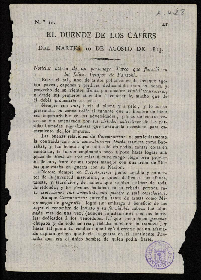 El duende de los cafes [sic] del martes 10 de agosto de 1813