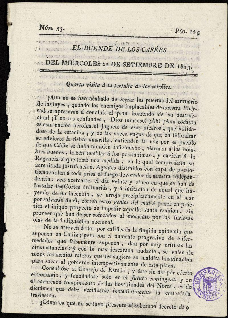 El duende de los cafes [sic] del mircoles 22 de septiembre de 1813