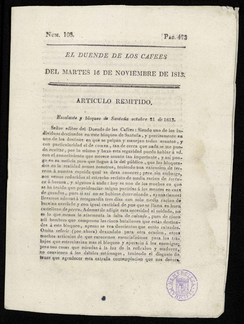 El duende de los cafes [sic] del martes 16 de noviembre de 1813