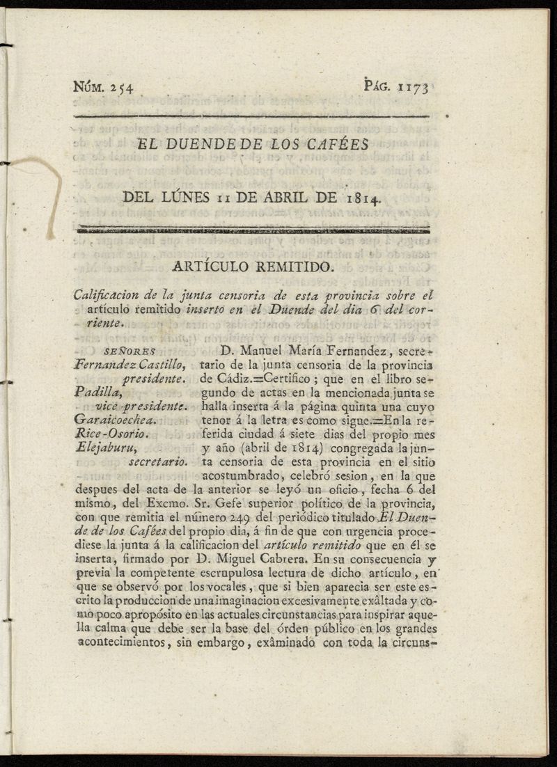 El duende de los cafées [sic] del lunes 11 de abril de 1814