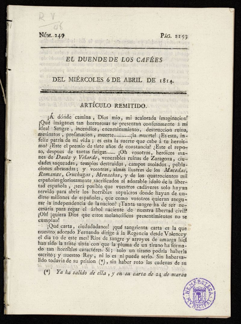 El duende de los cafes [sic] del martes 6 de abril de 1814