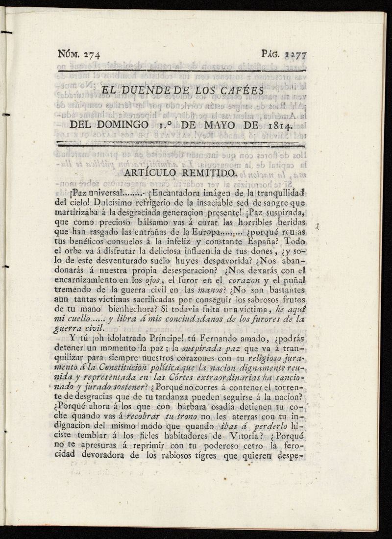 El duende de los cafes [sic] del domingo 1 de mayo de 1814