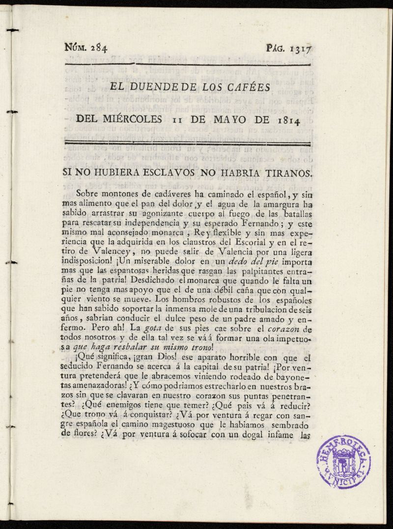 El duende de los cafes [sic] del miercoles 11 de mayo de 1814