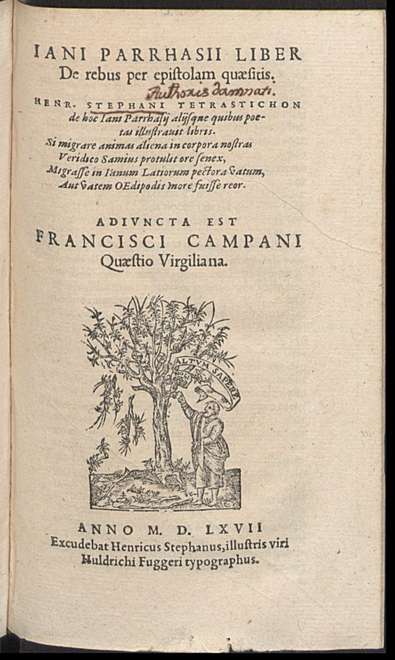 Iani Parrhasij Liber De rebus per epistolam qusitis ; adiuncta est Francisci Campani Qustio virgiliana