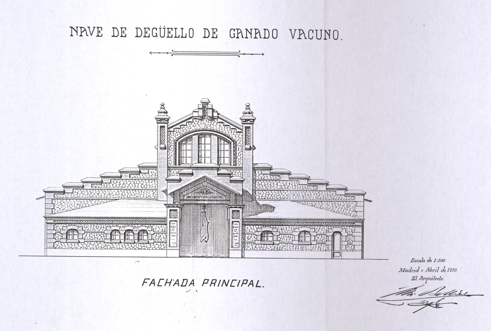 Fachada principal de la nave de degello de Ganado Vacuno del Matadero de Madrid
