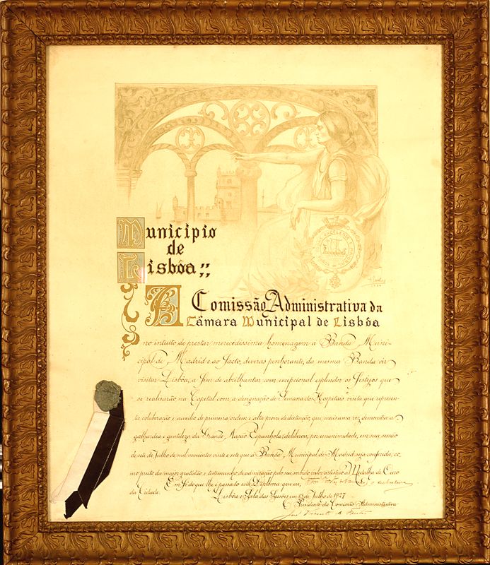 Diploma de entrega de la Medalla de Oro de la ciudad de Lisboa concedida a la Banda Municipal de Madrid por la Cmara Municipal en 1927