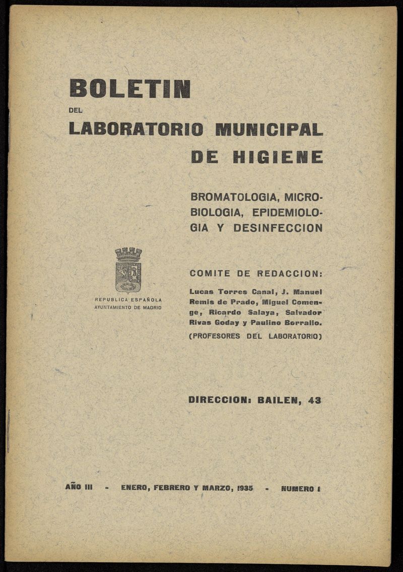 Boletín del laboratorio municipal de higiene bromatología, microbiología, epidemiología y desinfección