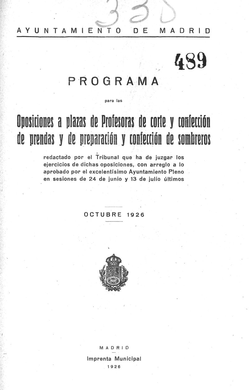 Programa para las oposiciones a plazas de profesores de corte y confeccin de prendas y de preparacin de confeccin de sombreros