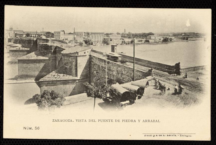 Zaragoza. Vista del Puente de Piedra y arrabal