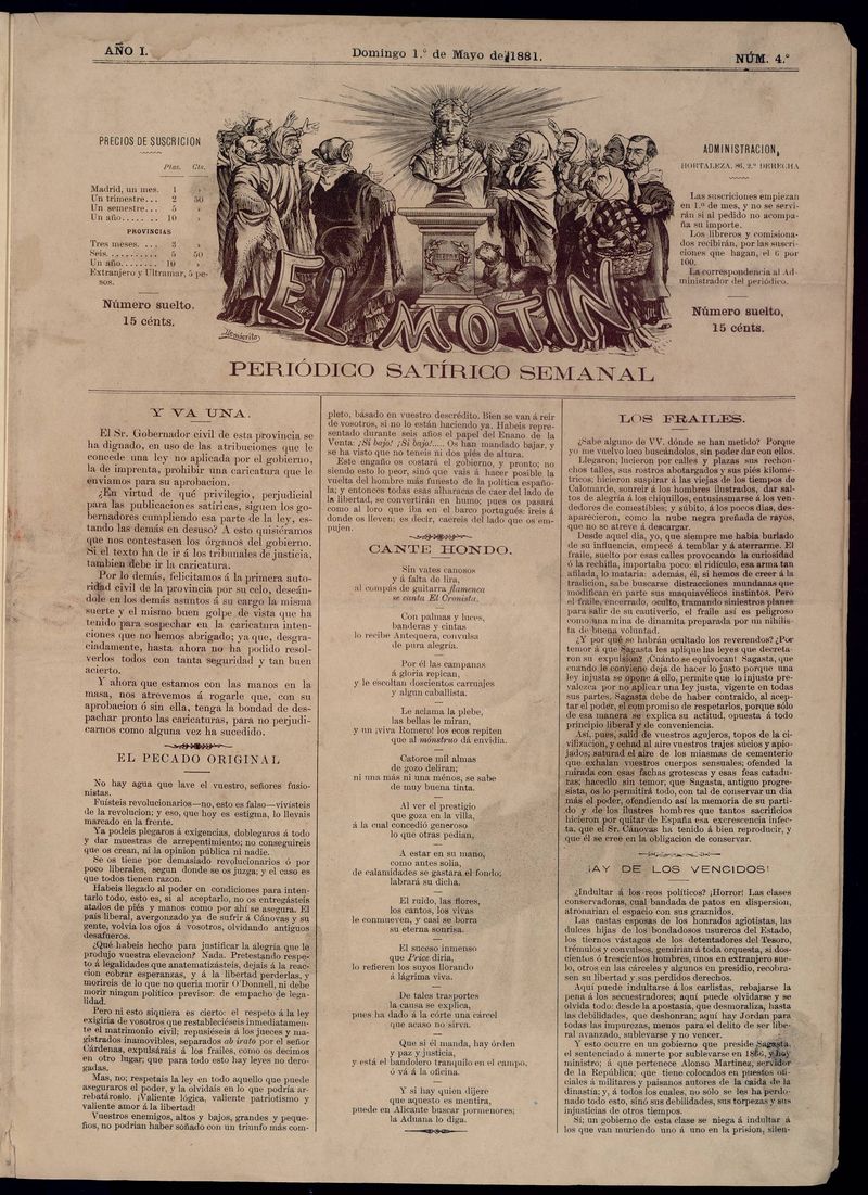 El Motn: peridico satrico semanal del domingo 1 de mayo de 1881