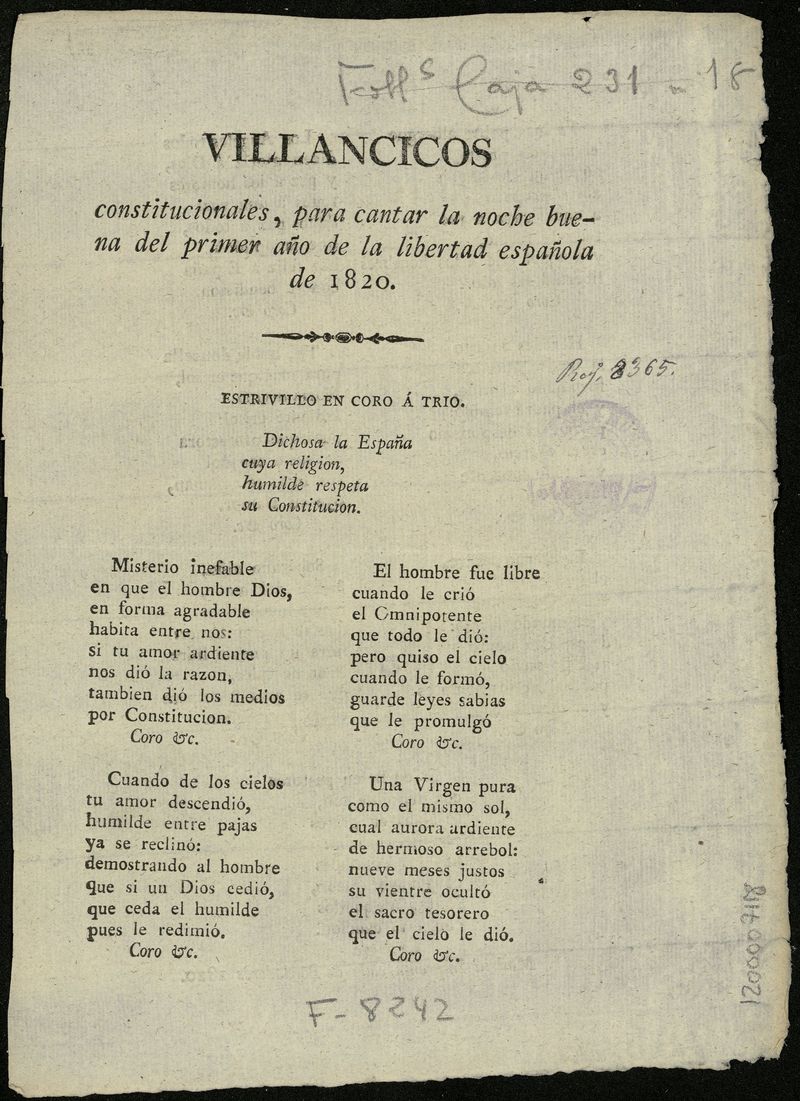 Villancicos constitucionales, para cantar la noche buena del primer año de la libertad española de 1820