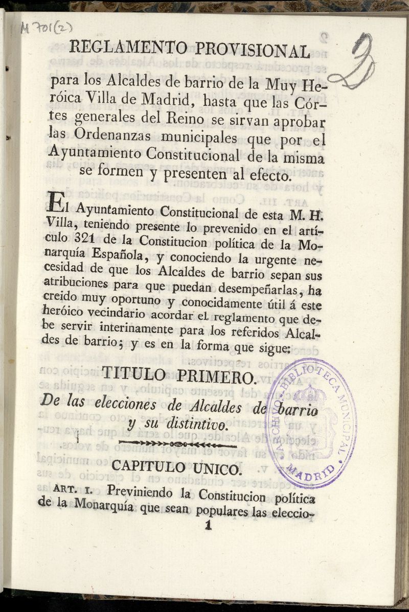 Reglamento provisional para los Alcaldes de barrio