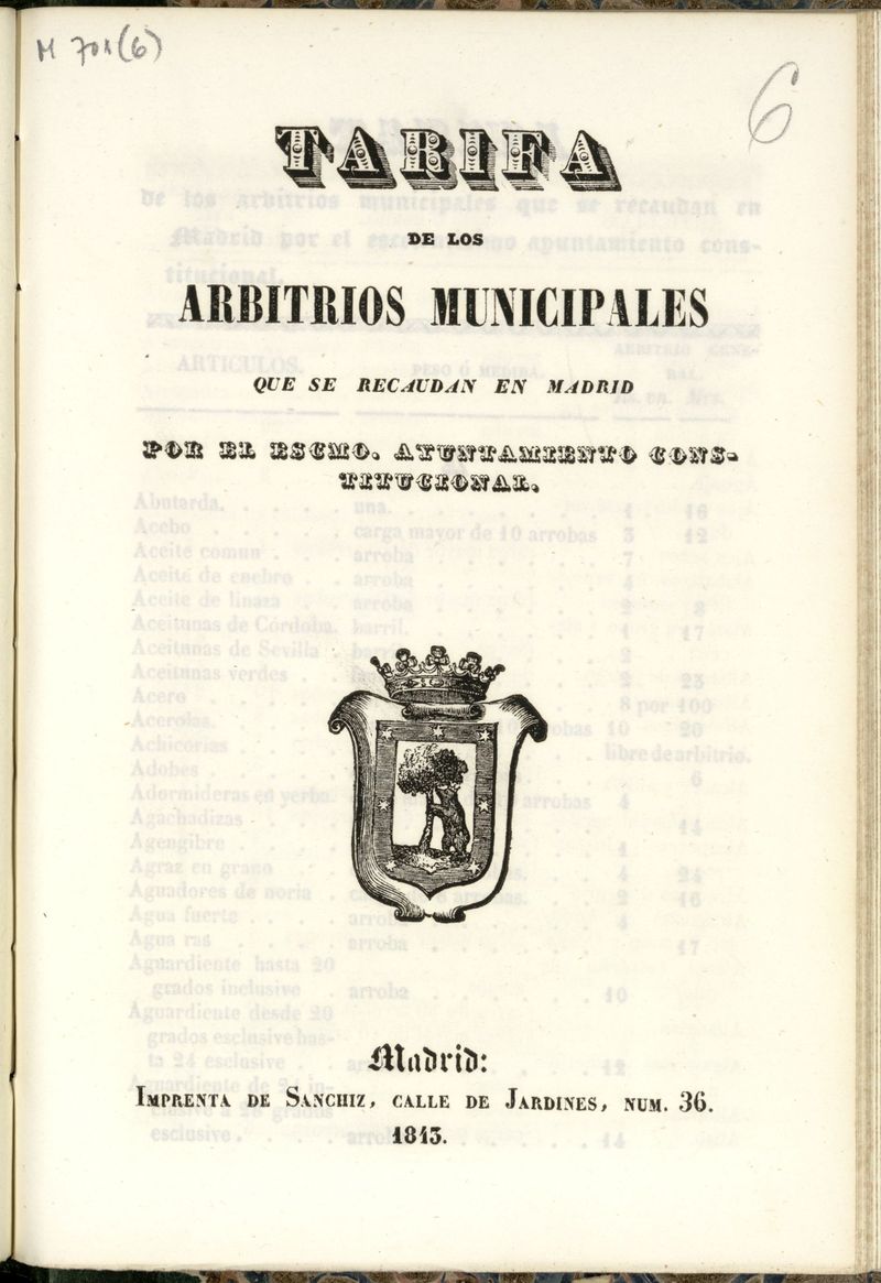 Tarifa de los arbitrios municipales que se recaudan en Madrid