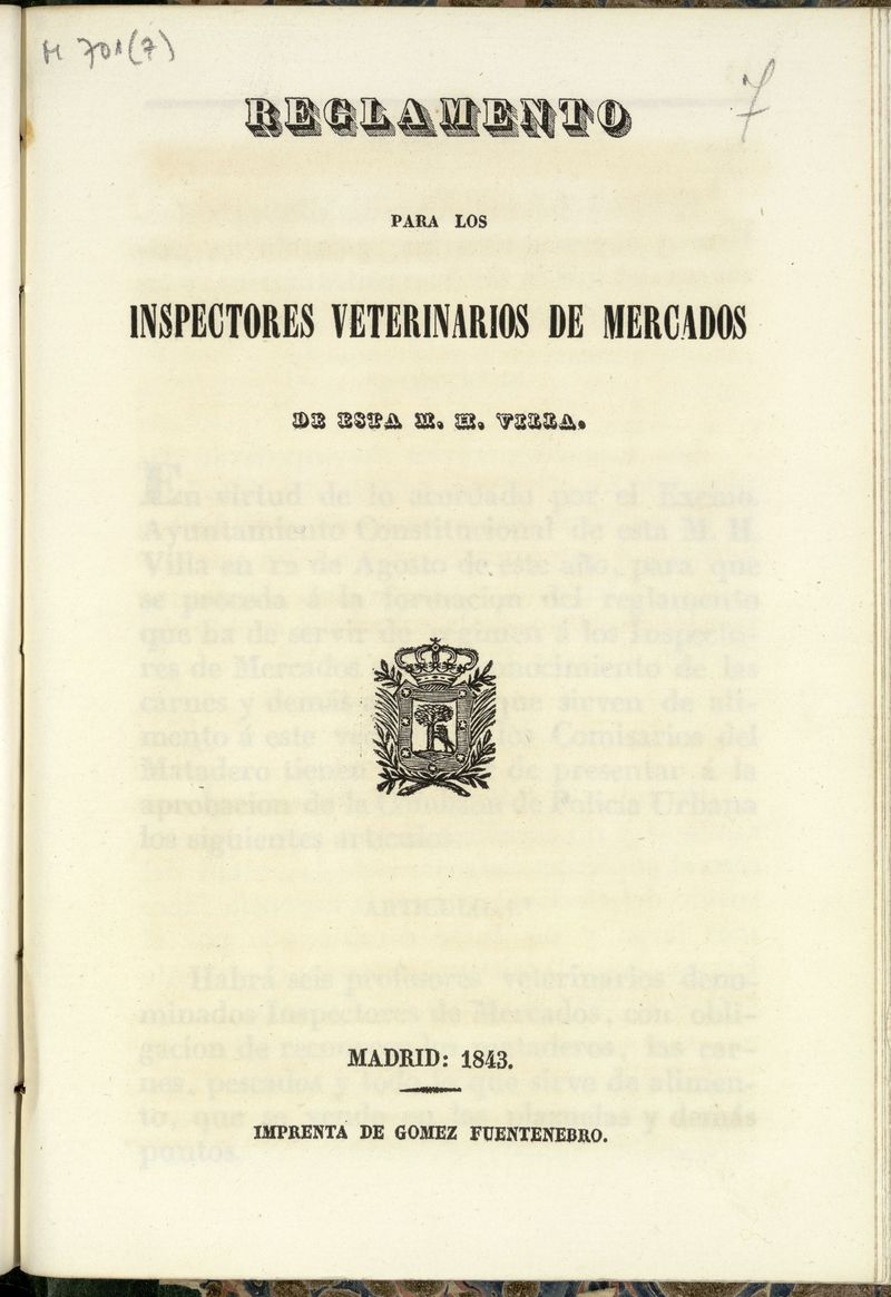 Reglamento para los inspectores veterinarios de mercados de esta M.H. Villa