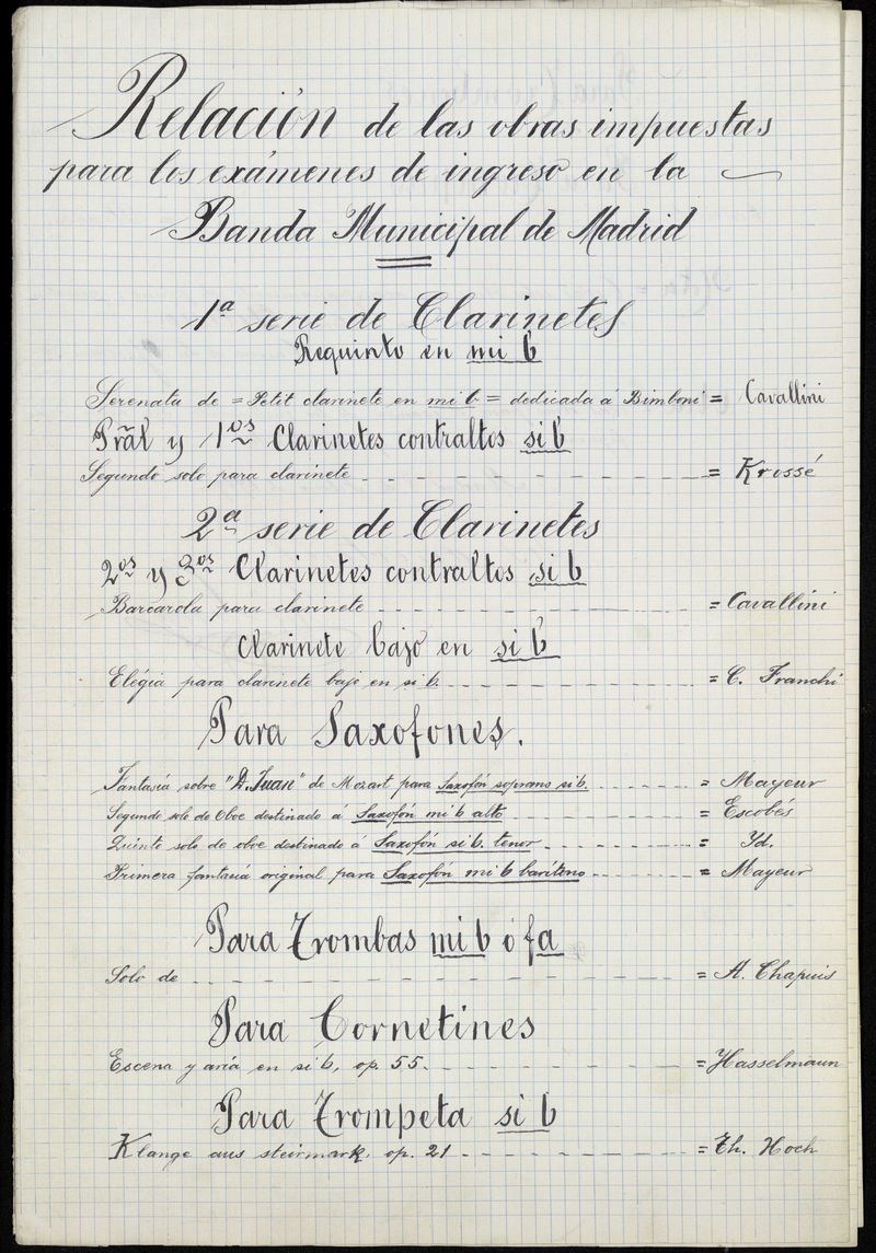 Relación de las obras impuestas para los exámenes de ingreso en la Banda Municipal de Madrid (febrero de 1909)