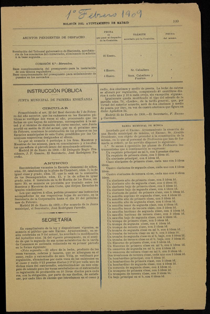 Convocatoria de oposiciones a la Banda Municipal de Música (1909)