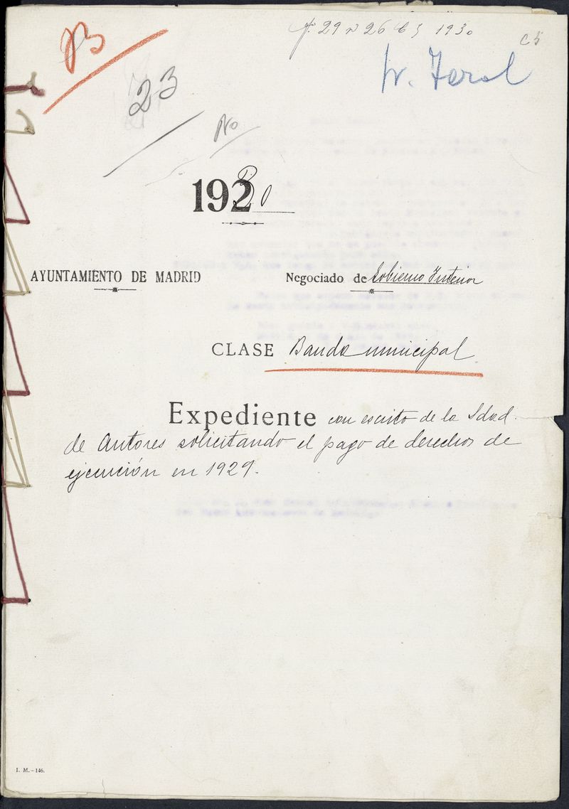 Expediente con escrito de la Sociedad de Autores solicitando el pago de derechos de ejecución en 1929 