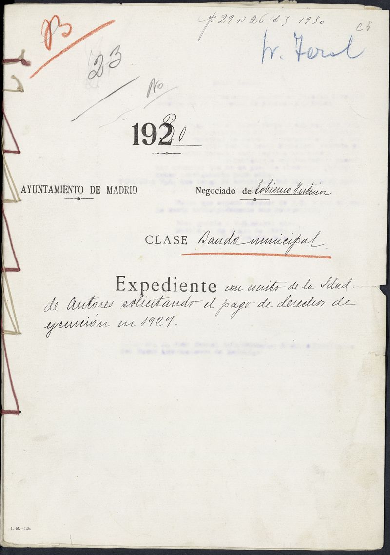 Expediente con escrito de la Sociedad de Autores solicitando el pago de derechos de ejecucin en 1929 