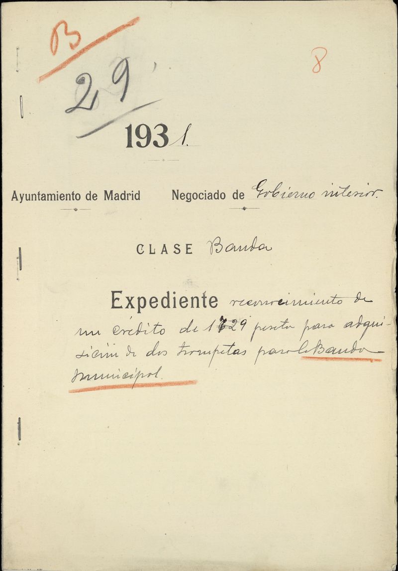 Expediente reconocimiento de un crdito de 1.729 pesetas para adquisicin de dos trompetas para la Banda Municipal (1931)