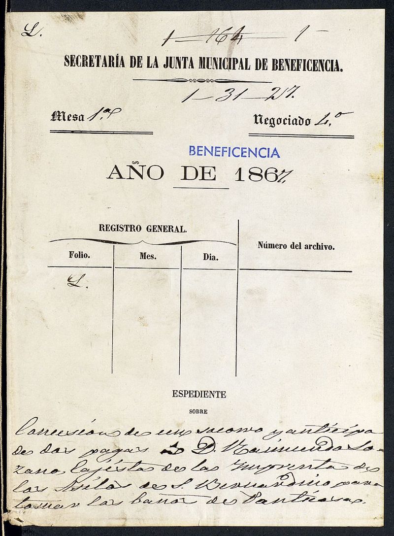 Concesión de un salario y anticipo de dos pagas a D Raimundo Lozano, cajista de la Imprenta de los Asilos de S. Bernardino para tomar los baños de Panticosa.