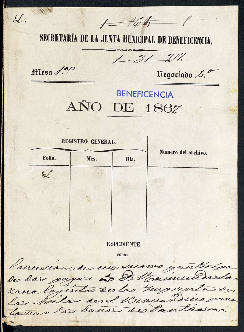 Concesin de un salario y anticipo de dos pagas a D Raimundo Lozano, cajista de la Imprenta de los Asilos de S. Bernardino para tomar los baos de Panticosa.