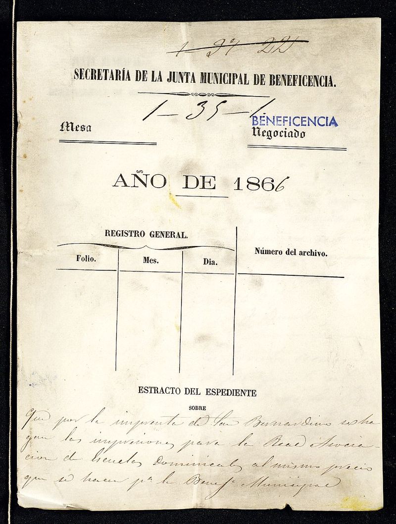 Estracto del expediente sobre que por la imprenta de San Bernardino se hagan las impresiones para la Real Asociacin de Escuelas Dominicales al mismo precio que se hacen para la Beneficencia Municipal